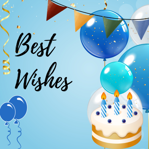 Balloons and cake on a wish card, Best Wishes.