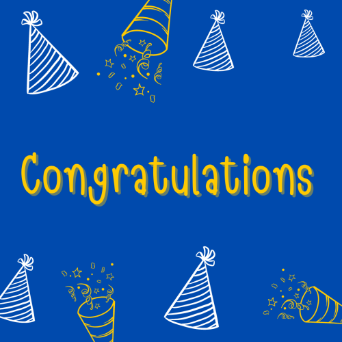 Congratulations, simple blue background and lots of birthday caps on it.