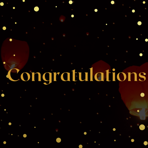 Congratulations, fireworks on background.