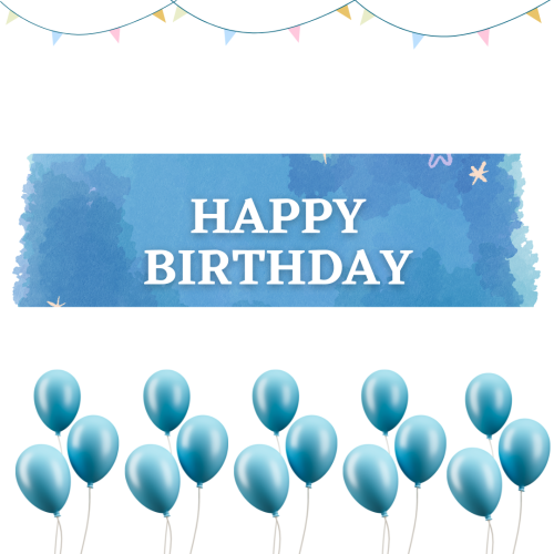 Blue balloons and ribbons on wish card Happy Birthday