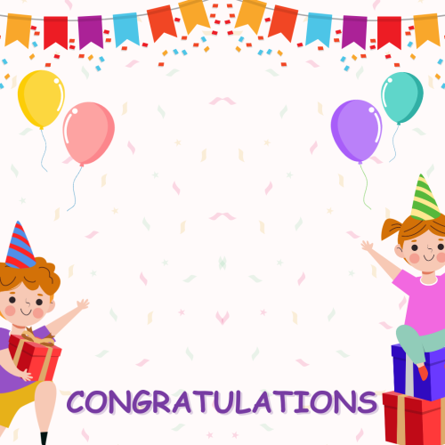 Balloons gifts and characters on a card, Congratulations.