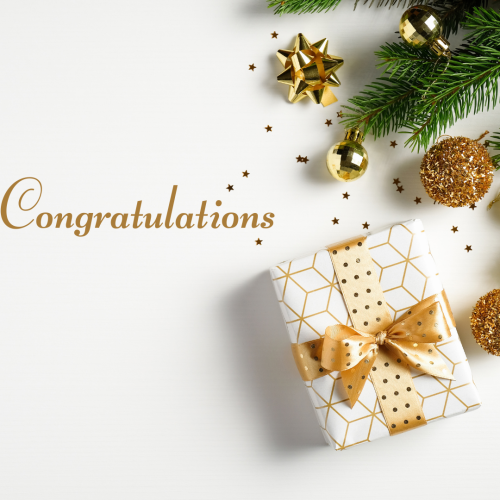 Gift and golden balls on a card, Congratulations.