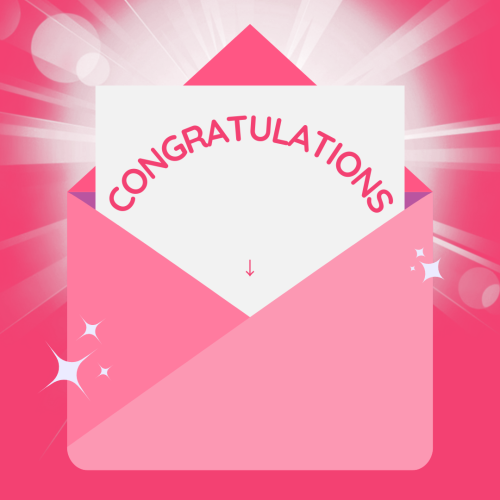 Congratulations, pink background and pink letter on a wish card.