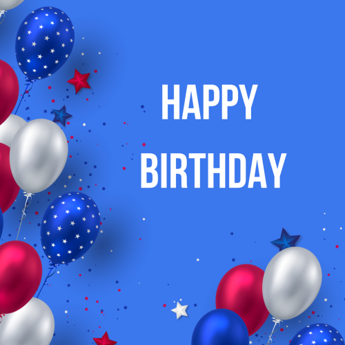 Blue white and red balloons on wish card Happy Birthday