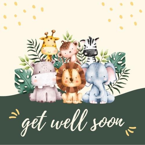 Get well soon card wish with lots a cute animals on it.