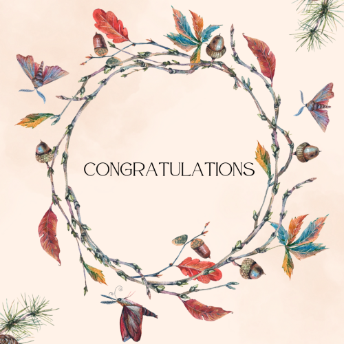 Congratulations, flowers in round shape and butterflies.