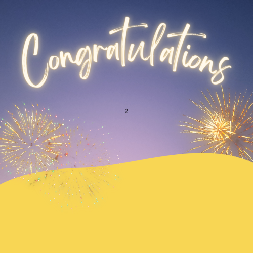 Congratulations, yellow and purple color and fireworks.