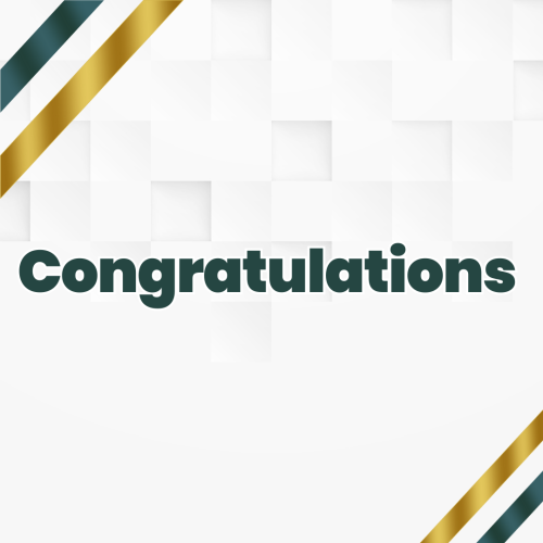 Gold and green ribbon on a card, Congratulations.