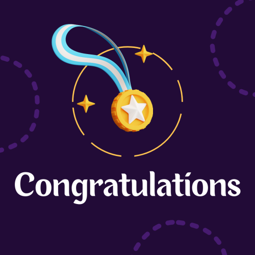 Gold medal on a purple background, Congratulations.