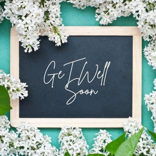 Get well soon with pink flowers and silver ball