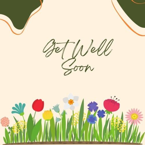 Get well soon with many flowers and  a pink wallpaper.