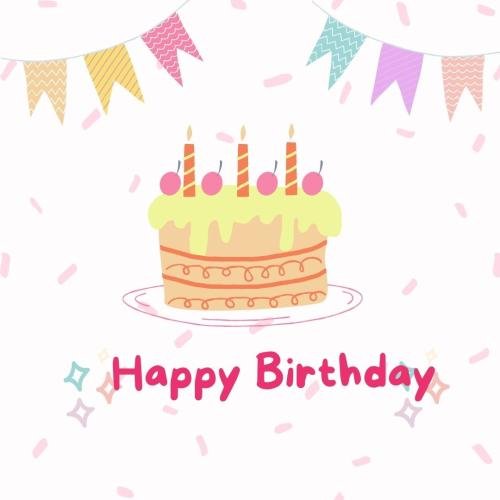 Cake and ribbon on wish card Happy Birthday.