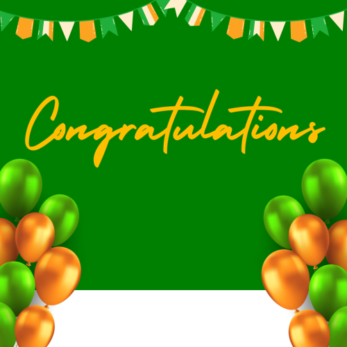 Green and orange balloons on a wish card, Congratulations.