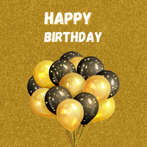 Golden and black balloons on wish card Happy Birthday