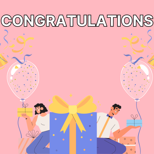 Congratulations, balloons, gifts and character on a card.