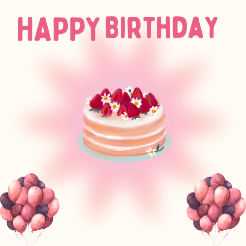 Colorful balloons and cake on wish card Happy Birthday