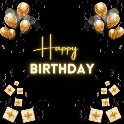 Golden balloons and gifts box on wish card Happy Birthday.