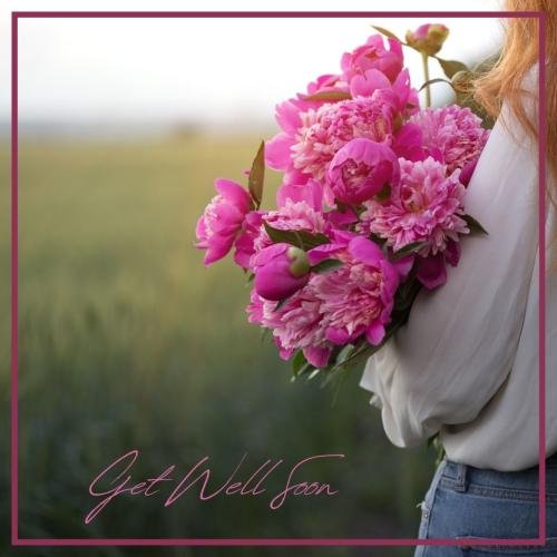 Get well soon with many pink flowers.