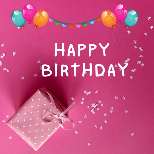Gift and balloons on wish card Happy Birthday