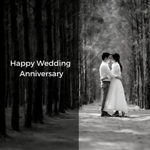 Couple in forest at happy wedding anniversary