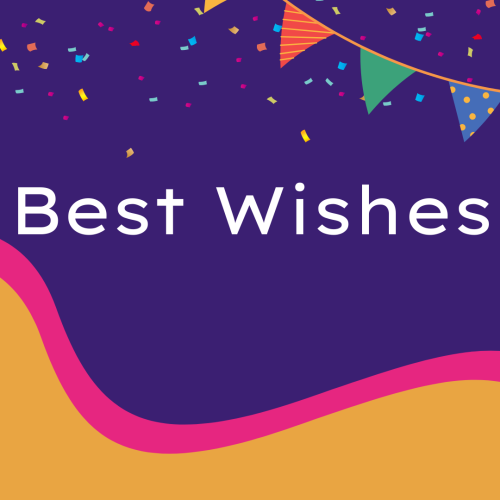 Best Wishes, colorful particles on top and purple background.