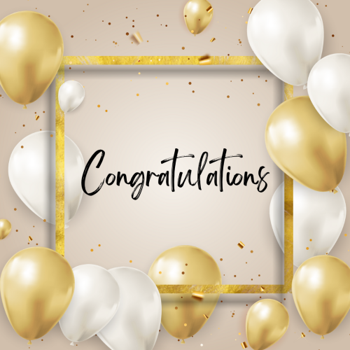 White and gold balloons and a golden frame, Congratulations.