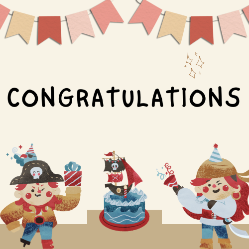 Congratulations, cake and pirates character.
