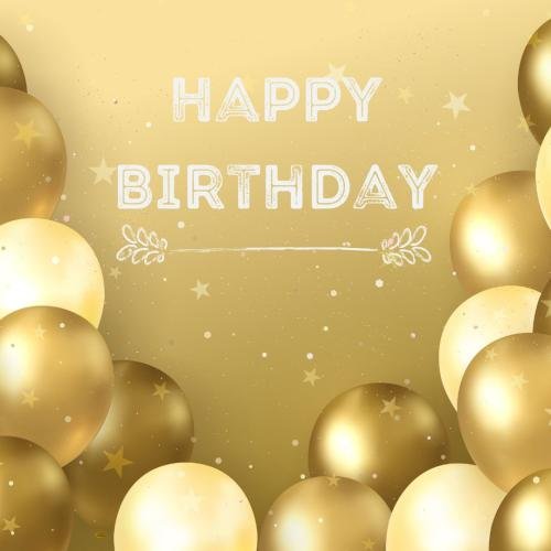 Golden balloons on wish card Happy Birthday