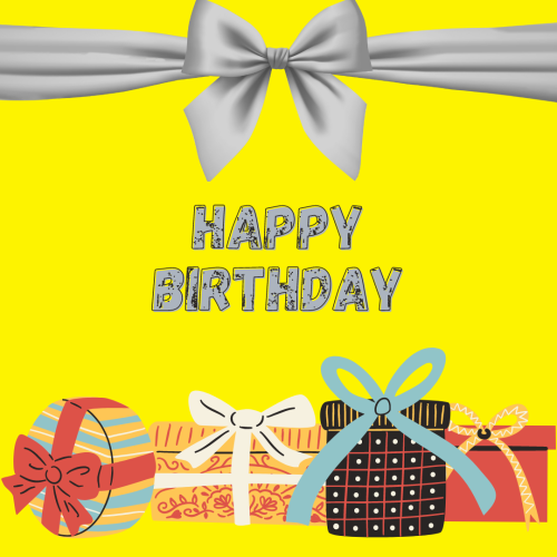 Yellow back and gifts on wish card Happy Birthday