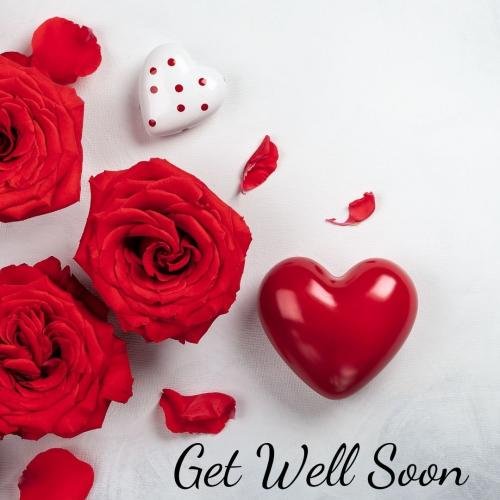 Get well soon with red heart and red flowers