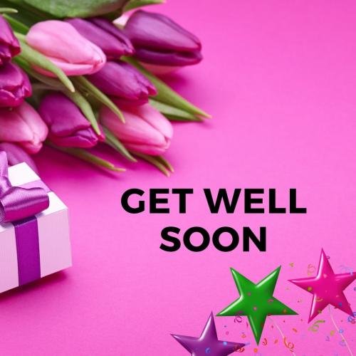 Get well soon with pink flower and gift