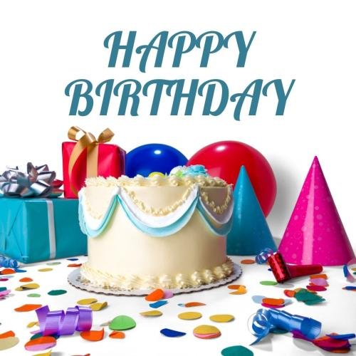 Cake balloons and gifts on wish card Happy Birthday