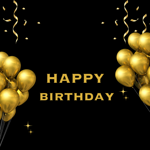 Black back and golden balloons on wish card Happy Birthday