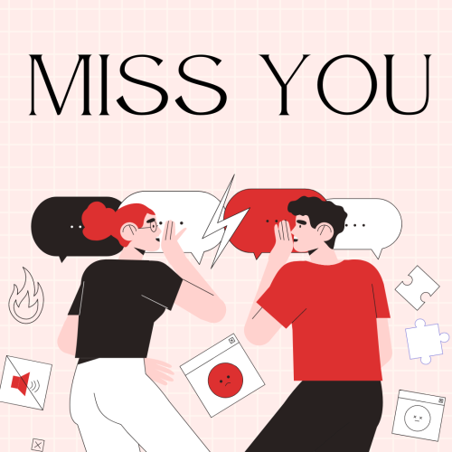 Miss You, girl and boy character on a wish card.