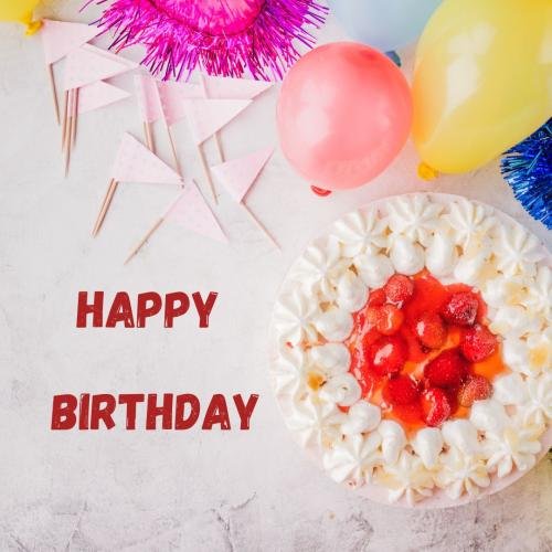 Cake and balloons on wish card Happy Birthday