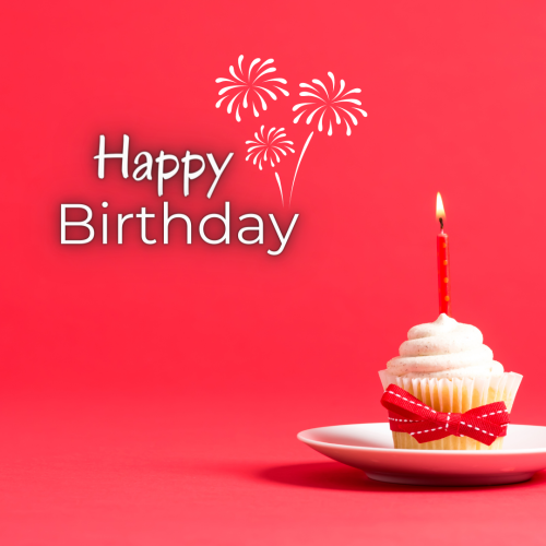 Red back and cup cake on wish card Happy Birthday