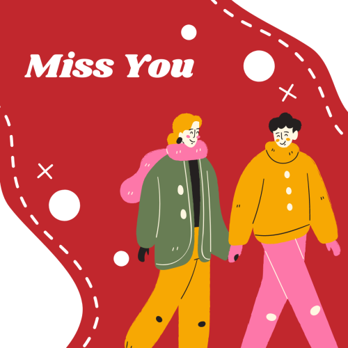 Miss You, girl and boy character on a wish card.