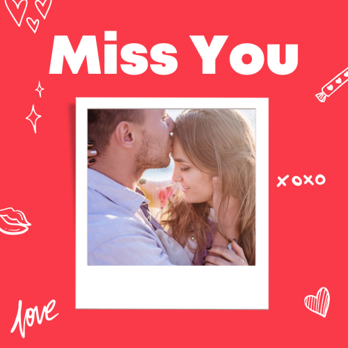 Red background and men kissing her wife's forehead, Miss You.