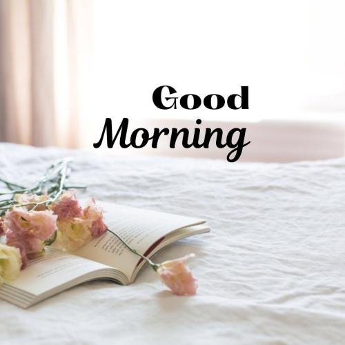 Good morning with book and flowers on bed