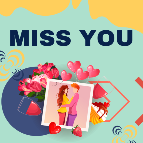 Couple character, cake and flowers, Miss You.