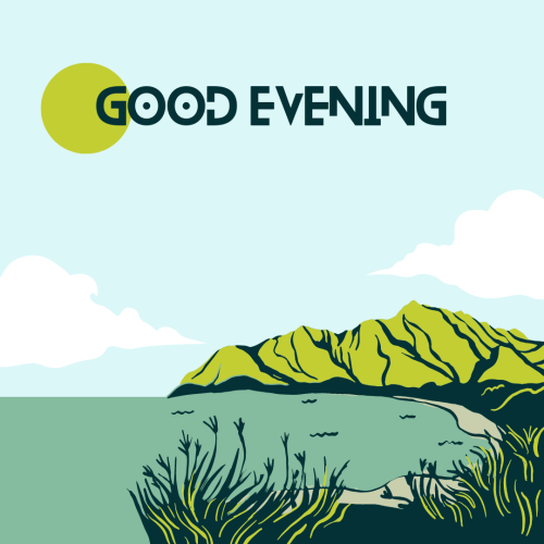 Mountain and sea on wish card, GOOD EVENING