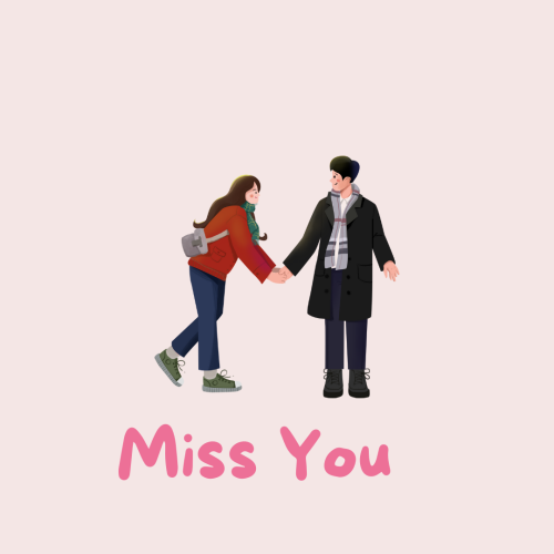 Girl and boy character on a wish card, Miss You.