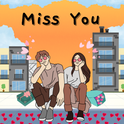 Miss You, couple character and building.
