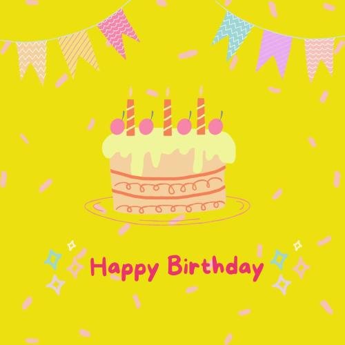 Cake and ribbon on wish card Happy Birthday