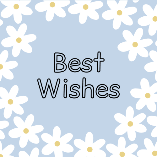 Best Wishes, White flowers on blue background.