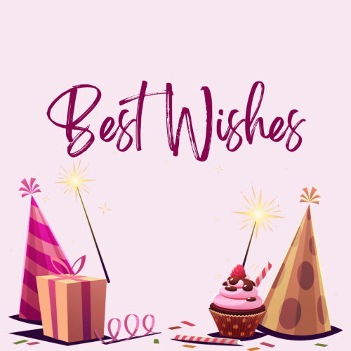 Best Wishes, birthday cupcake and birthday hat.