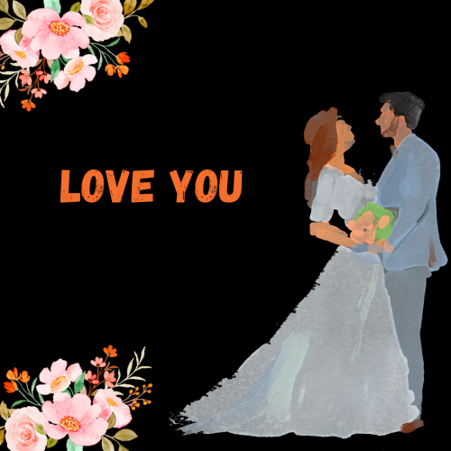 Couple painting and flowers on wish card Love you