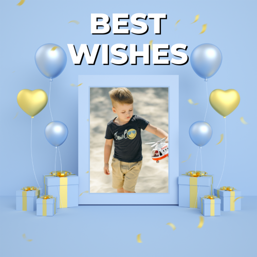 Lots of gifts and balloons on a wish card, Best Wishes.