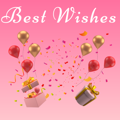 Golden and red balloons and gifts, Best Wishes.