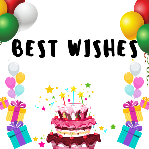 Cake, gifts and colorful balloons, Best Wishes.